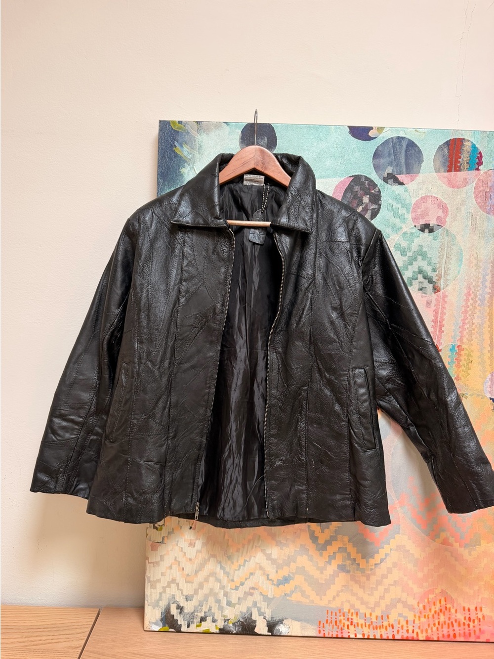FLIGHT PATH Patchwork Leather Bomber Motorcycle Jacket Mens Size S Black - Picture 3 of 13